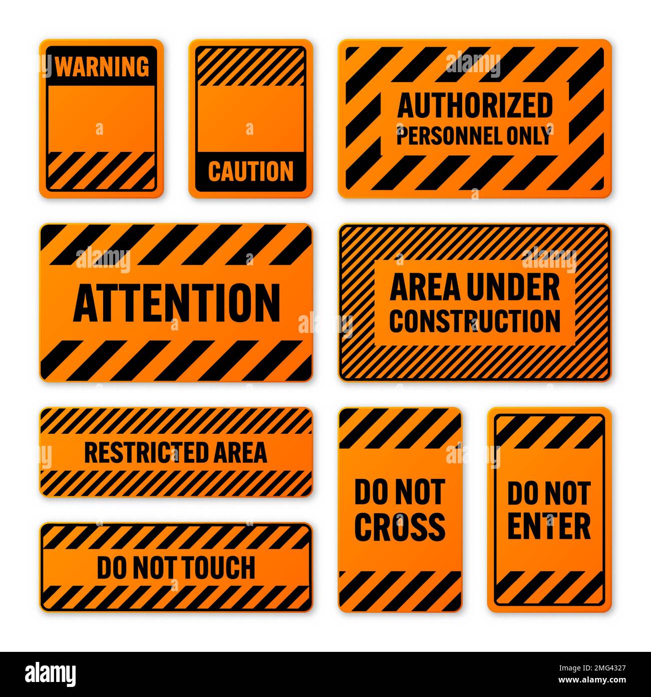 Various black and orange warning signs with diagonal lines. Attention, danger or caution sign, construction site signage. Realistic notice signboard Stock Vector