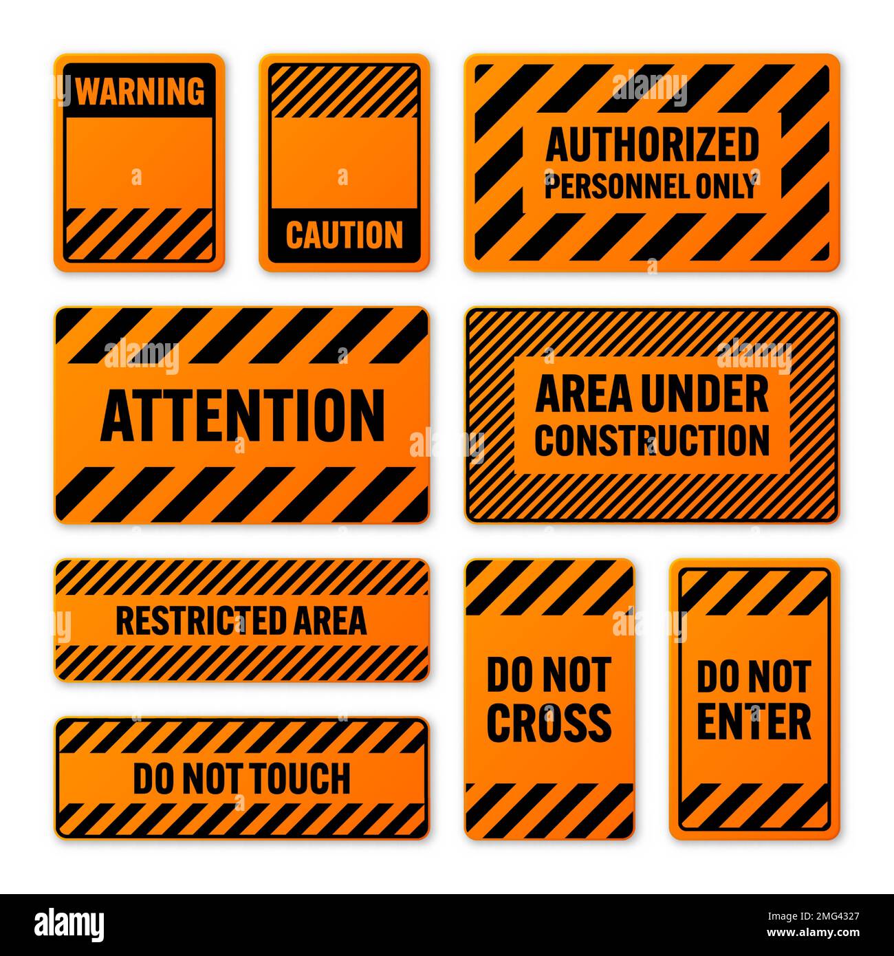 Various black and orange warning signs with diagonal lines. Attention
