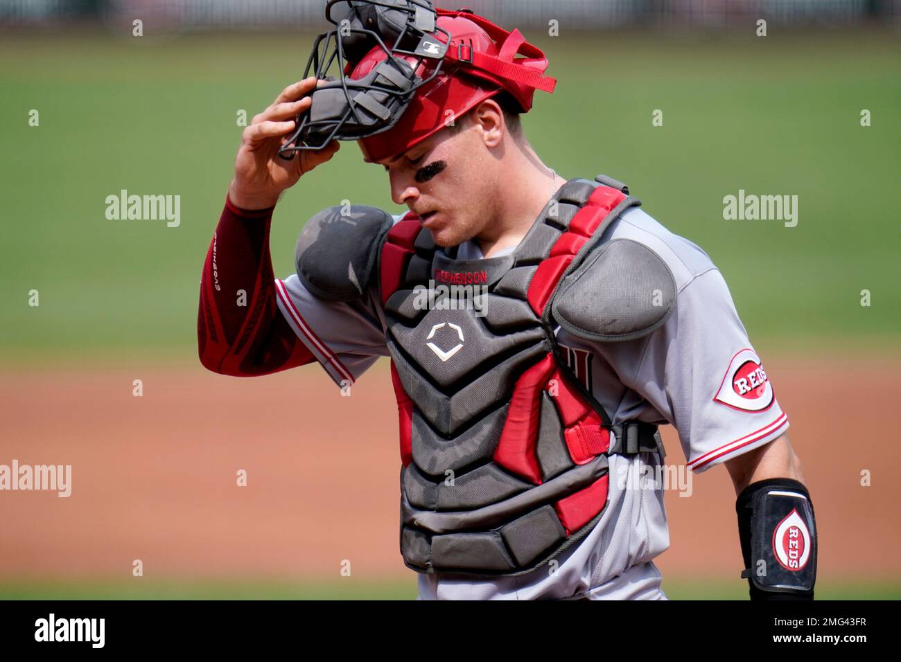 Cincinnati Reds catcher Tyler Stephenson walks back from a visit to the