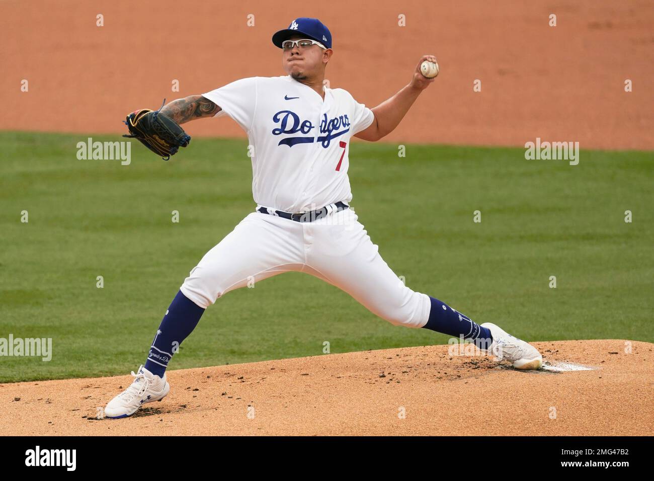 Los Angeles Dodgers starting pitcher Julio Urias throws during the