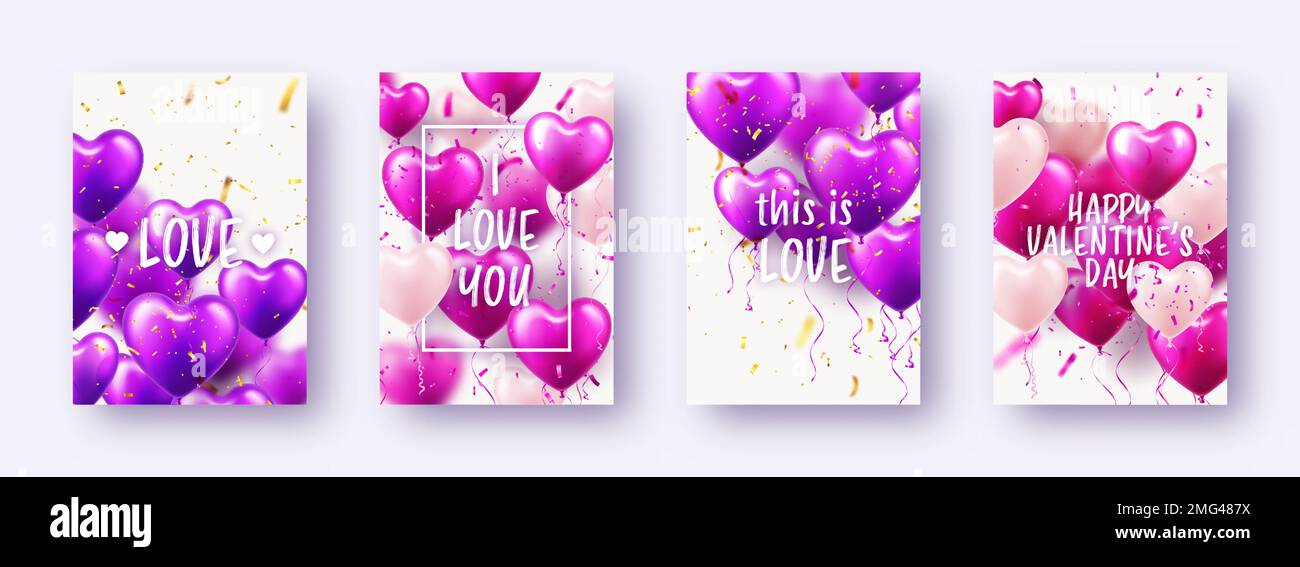 Valentine's Day banners with violet heart balloons and text. Wedding ...