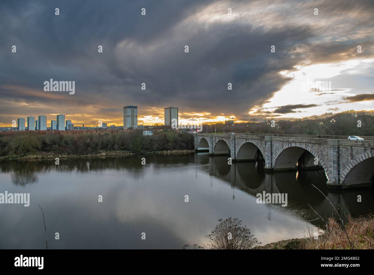Sunset over the Ellon Road Bridge, River Don, Aberdeen, Scotland, UK