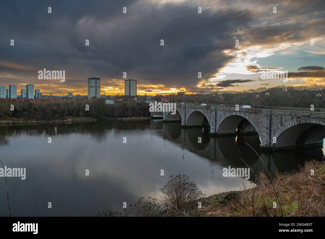 Sunset over the Ellon Road Bridge, River Don, Aberdeen, Scotland, UK