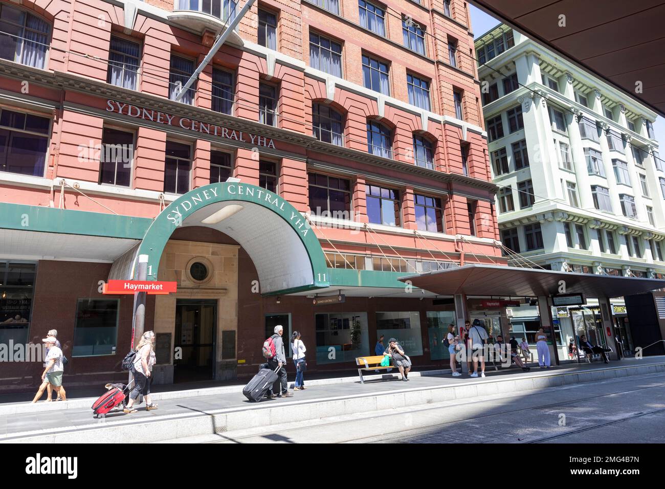 Sydney Central YHA backpackers accommodation and Haymarket light rail stop in Sydney city centre,NSW,Australia Stock Photo