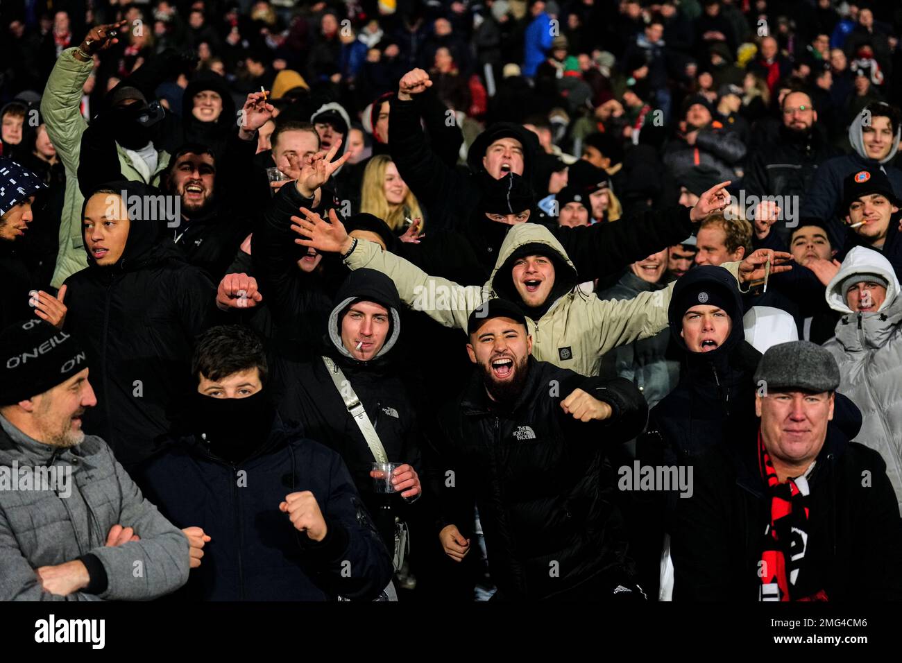 Rotterdam - Feyenoord supporters celebrating the 2-0 during the match between Feyenoord v NEC Nijmegen at Stadion Feijenoord De Kuip on 25 January 2023 in Rotterdam, Netherlands. (Box to Box Pictures/Yannick Verhoeven) Stock Photo