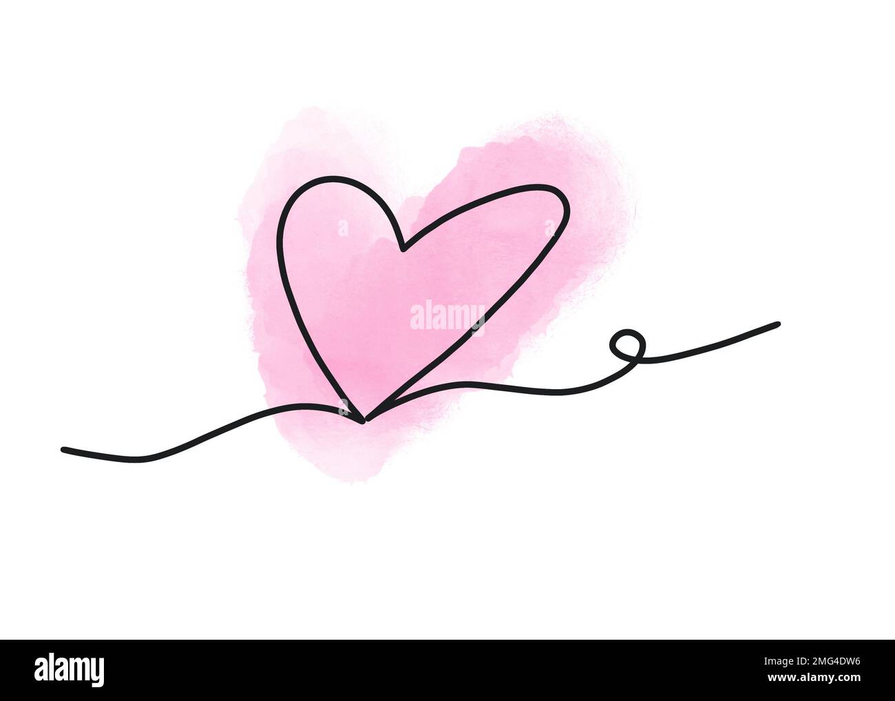 Heart shape outline black contour and pink watercolor background