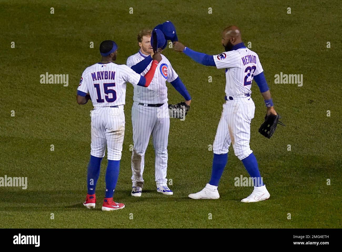 Chicago Cubs outfielders, from left, Cameron Maybin, Ian Happ and Jason