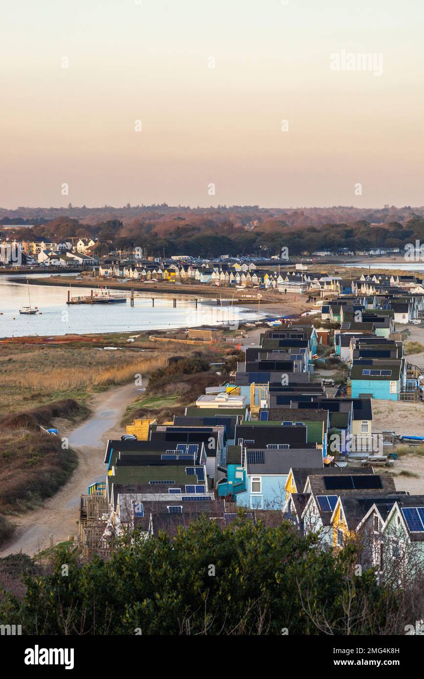 View towards Hengistbury Head beach huts from Warren Hill, Hengistbury