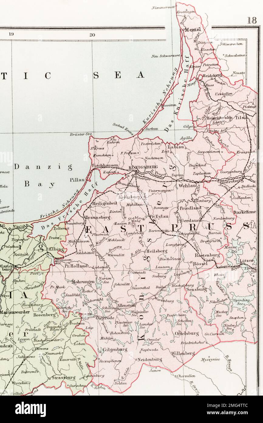 1873 Atlas map of East Prussia and the city of Konigsberg (Kaliningrad). For German Empire