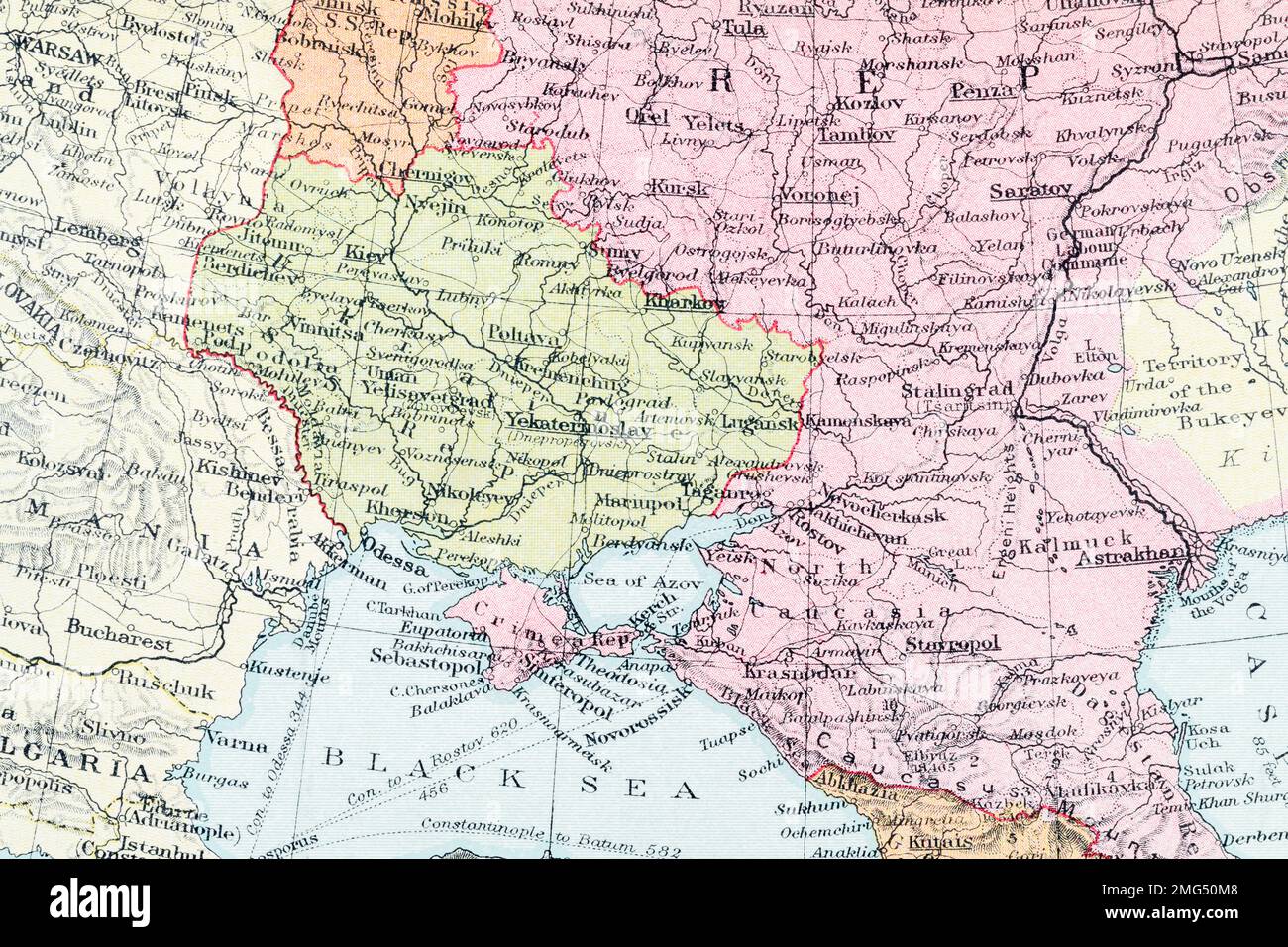 1935 atlas map of territorial boundaries of the Kiev Oblast, Kiev city, Kharkov plus Crimea - pre-WW2 & under Soviet control. Stock Photo