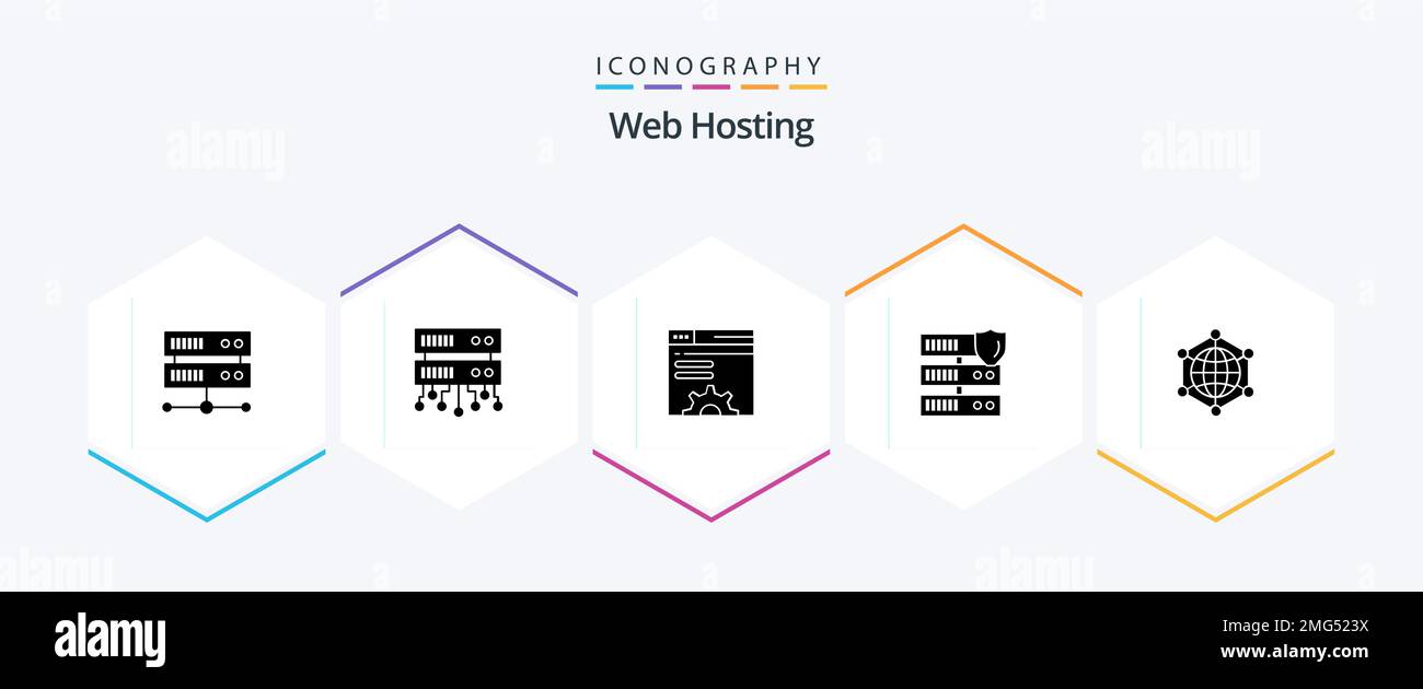 Web Hosting 25 Glyph icon pack including security. network . data . web brower Stock Vector