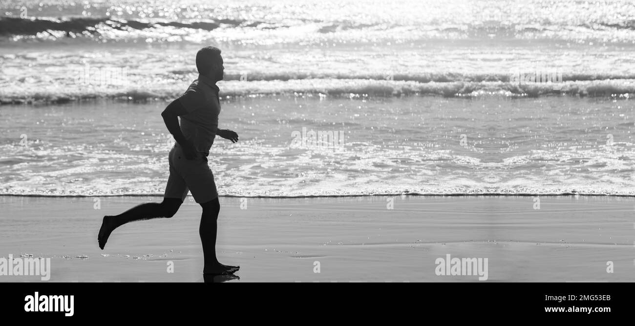 Man running and jumping, banner with copy space.sprinter silhouette
