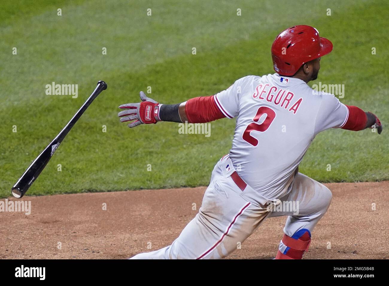 Philadelphia Phillies' Jean Segura drops the bat after hitting a single