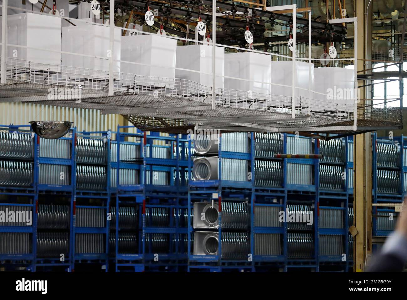 The assembly line is shown at the Whirlpool Corporation Manufacturing