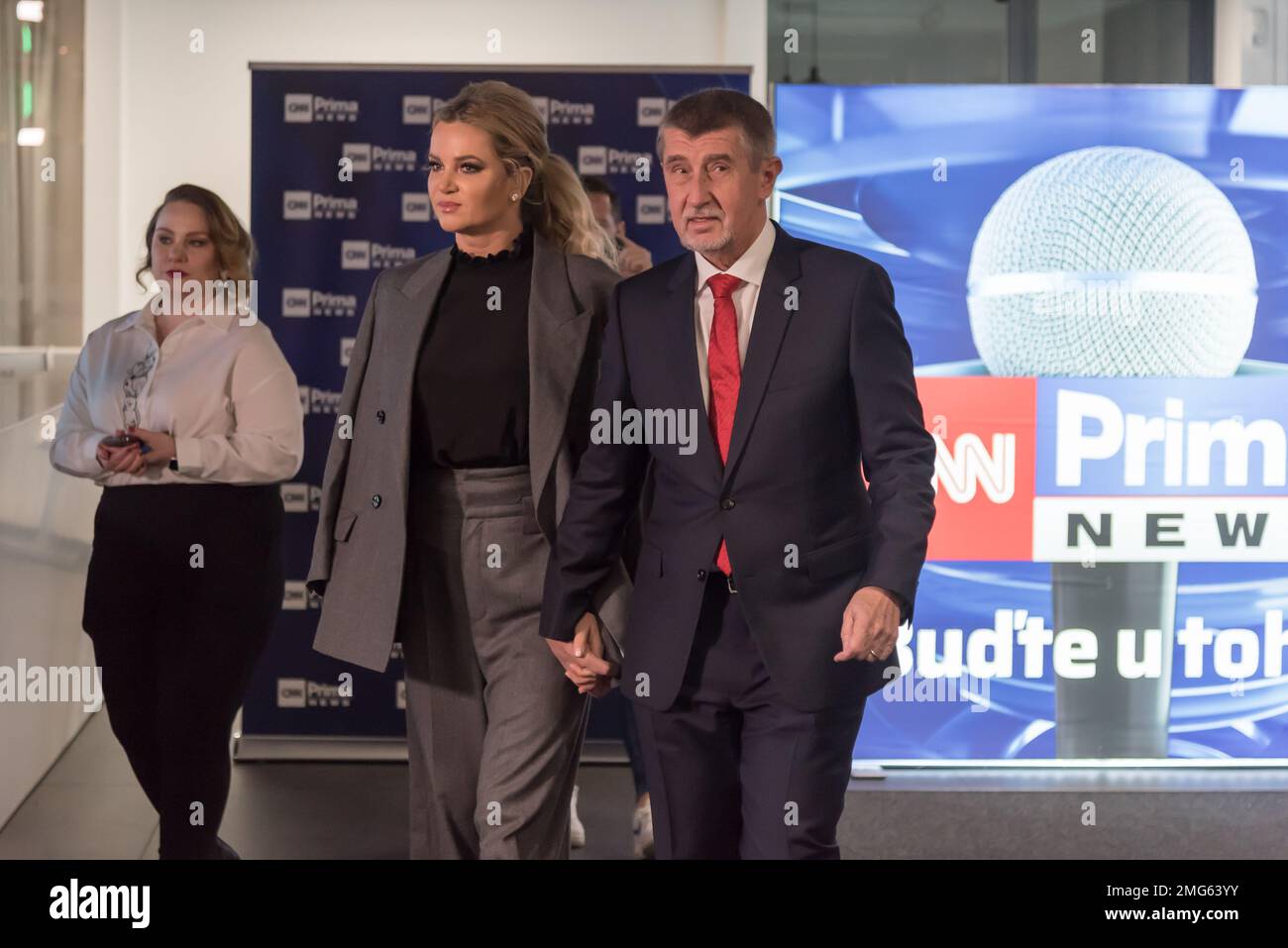 Prague, Czech Republic. 25th Jan, 2023. Candidate for presidency and former Czech prime minister Andrej Babis (L) and his wife Monika Babisova arrive in a studio before the tv debate ahead of the presidential elections in Prague. The second round of presidential elections in the Czech Republic will be held on the 27th and 28th of January, 2023. Former military general Petr Pavel will face the former Czech prime minister and billionaire Andrej Babis. (Photo by Tomas Tkacik/SOPA Images/Sipa USA) Credit: Sipa USA/Alamy Live News Stock Photo