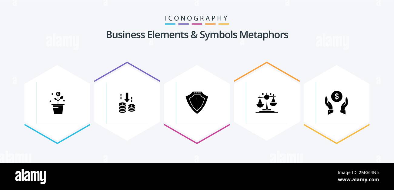 Business Elements And Symbols Metaphors 25 Glyph icon pack including insurance. justice. analysis. law. protect Stock Vector