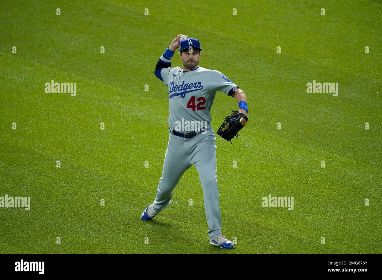 Los Angeles Dodgers' Cody Bellinger warms up during a baseball game