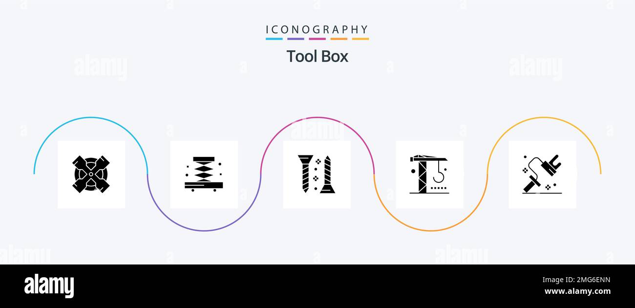 Tools Glyph 5 Icon Pack Including tool. painting. self fastening. dye. machinery Stock Vector