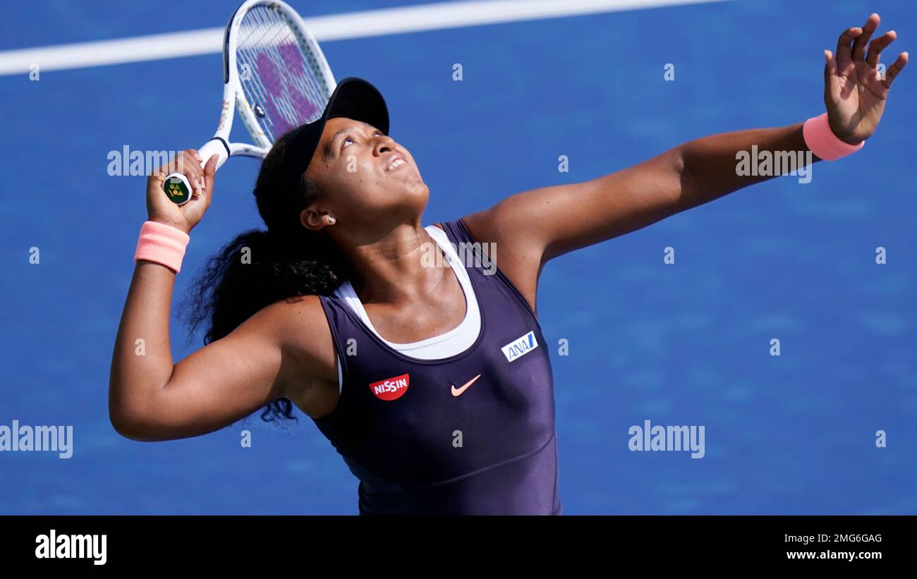 Anett Kontaveit, of Estonia, serves to Naomi Osaka, of Japan, during the  fourth round of the US Open tennis championships, Sunday, Sept. 6, 2020, in  New York. (AP Photo/Frank Franklin II Stock