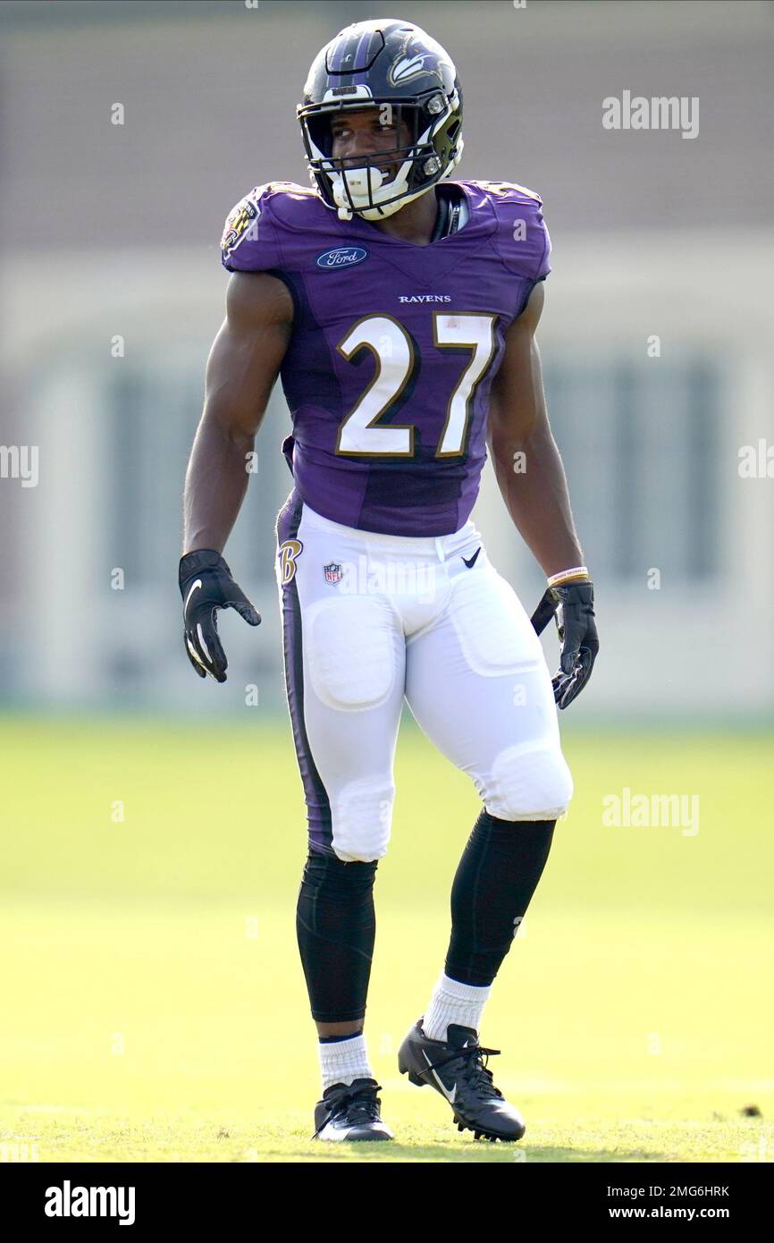 Baltimore Ravens running back J.K. Dobbins (27) celebrates a touchdown  during the first half of an NFL football game against the Pittsburgh  Steelers in Pittsburgh, Sunday, Dec. 11, 2022. (AP Photo/Don Wright