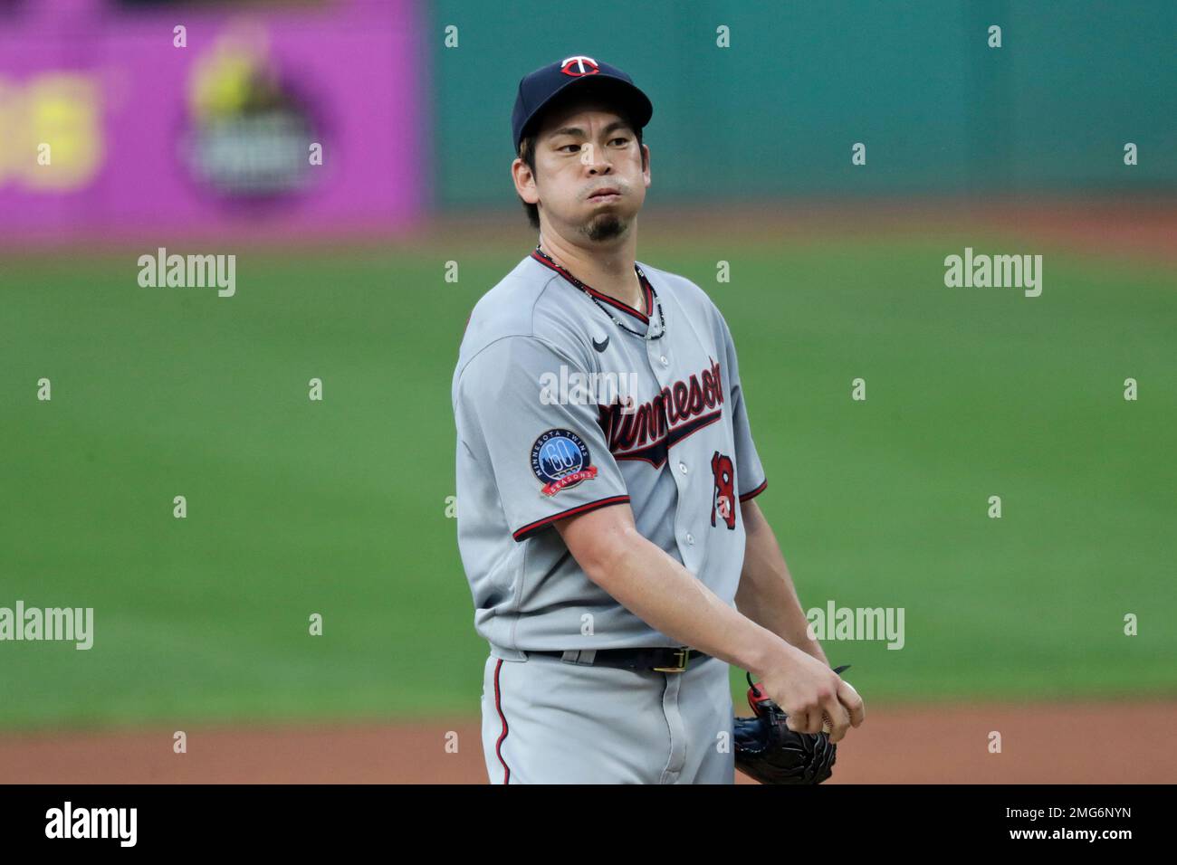 Minnesota Twins starting pitcher Kenta Maeda reacts in the first inning