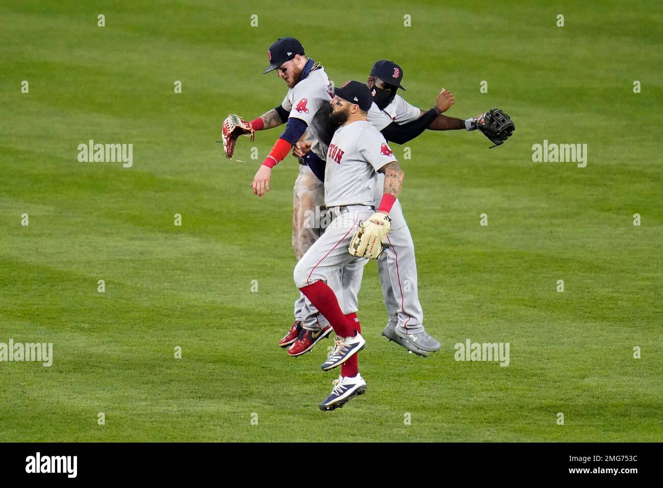 Boston Red Sox outfielders, from left, Alex Verdugo, Kevin Pillar and