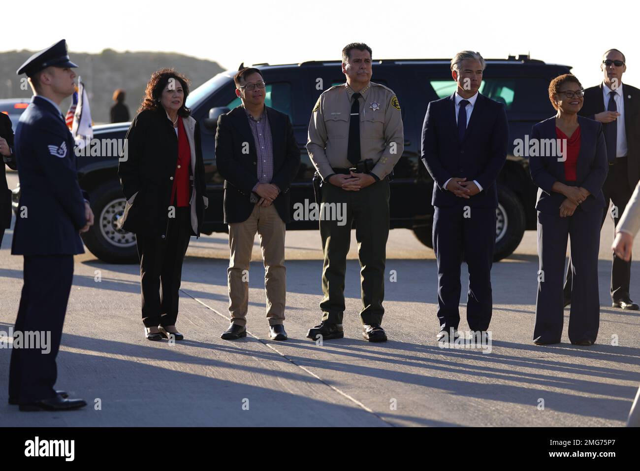 Los Angeles, United States. 25th Jan, 2023. (L-R) LA County Supervisor Hilda Solis, Monterey Park Mayor Henry Lo, LA County Sheriff Robert Luna, Attorney General Robert Bonta, and Los Angeles Mayor Karen Bass wait for US Vice President Kamala Harris to arrive at Los Angeles International Airport in Los Angeles, California, USA, 25 January 2023. Vice President Harris is visiting a memorial and families of a mass shooting that happened in Monterey Park, CA on Saturday 21 2023, leaving 11 dead and 10 injured. Credit: Sipa USA/Alamy Live News Stock Photo