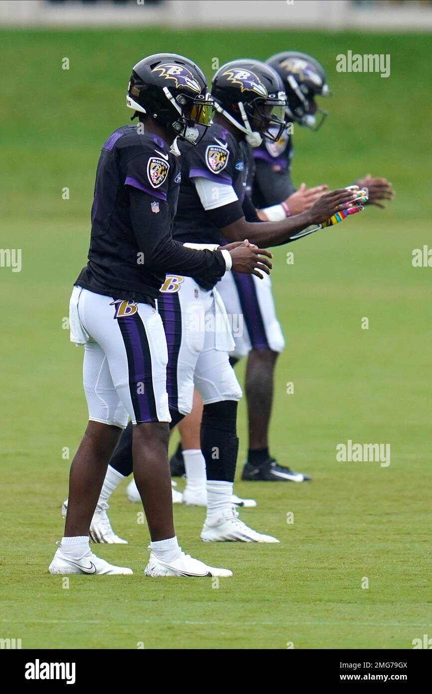 Baltimore Ravens quarterbacks, from left, Lamar Jackson, Robert Griffin