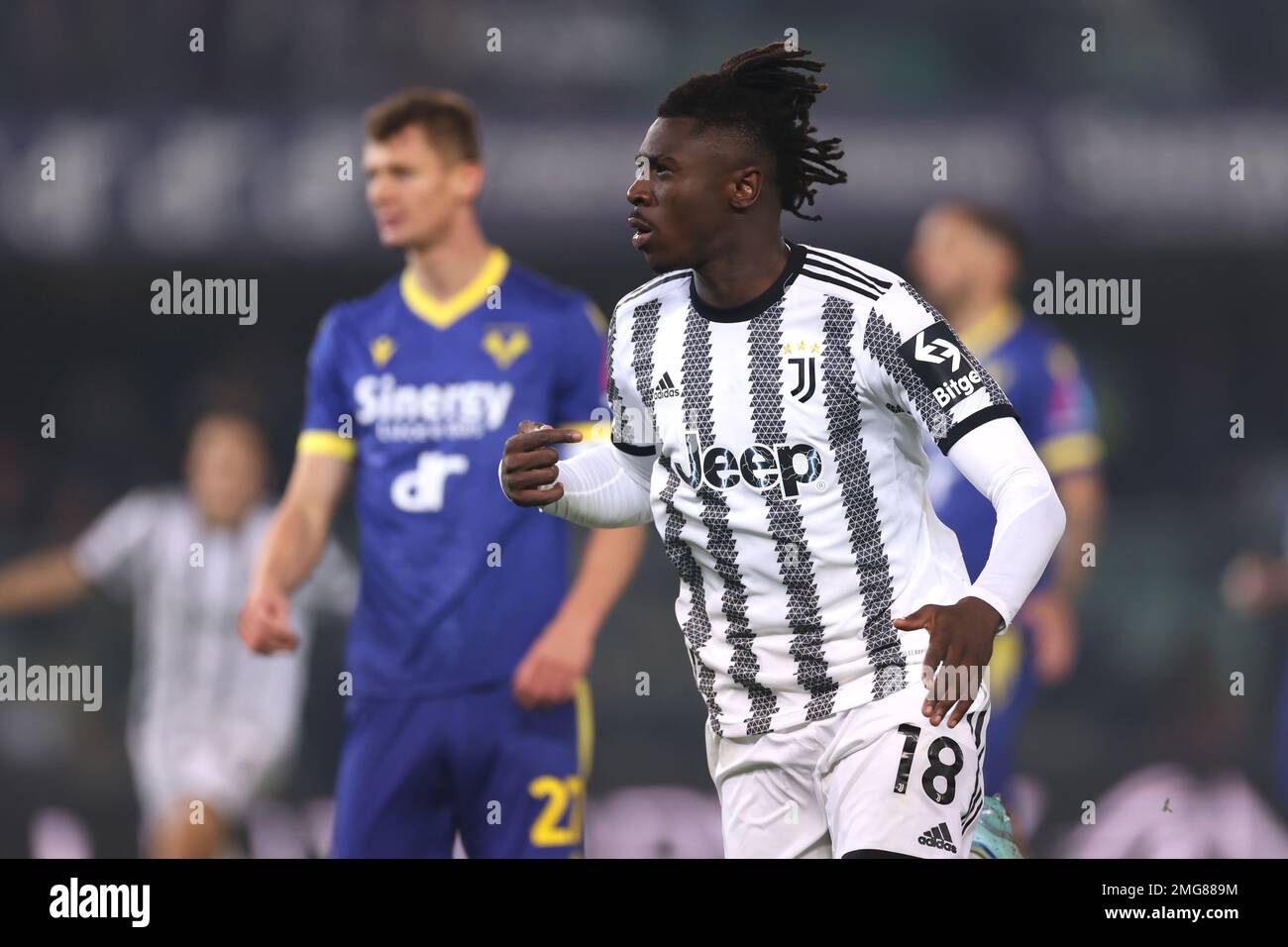 Verona, Italy, 10th November 2022. Moise Kean of Juventus celebrates after scoring to give the side a 1-0 lead  during the Serie A match at Stadio Marcantonio Bentegodi, Verona. Picture credit should read: Jonathan Moscrop / Sportimage Stock Photo