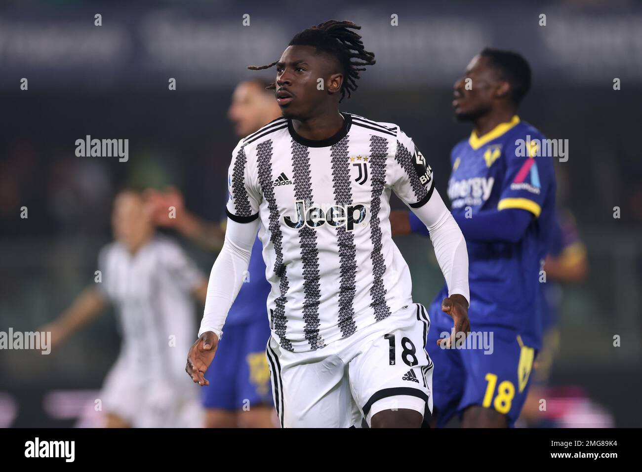 Verona, Italy, 10th November 2022. Moise Kean of Juventus celebrates after scoring to give the side a 1-0 lead  during the Serie A match at Stadio Marcantonio Bentegodi, Verona. Picture credit should read: Jonathan Moscrop / Sportimage Stock Photo