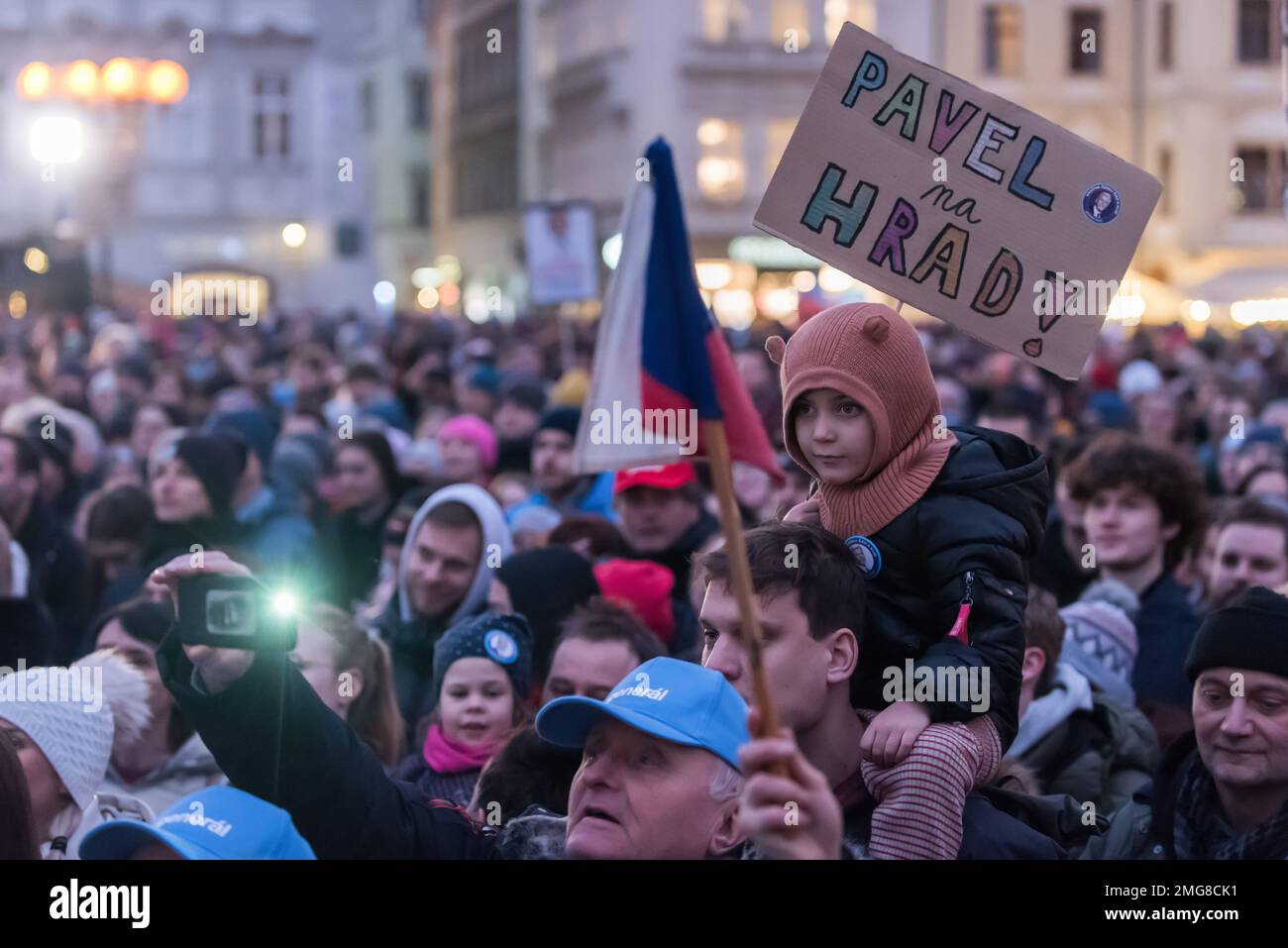 Prague, Czech Republic. 25th Jan, 2023. A kid holds a placard that