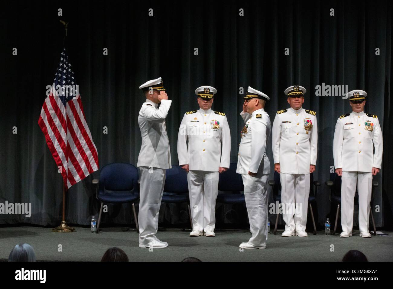 Cmdr. Emil D’Innocenzo, left, relieves Cmdr. Larry Arbuckle, during a change of command ceremony for the Ohio-class ballistic-missile submarine USS Kentucky (SSBN 737) at the U.S. Naval Undersea Museum in Keyport, Washington, August 22, 2022. USS Kentucky is one of eight Ohio-class ballistic missile submarines stationed at Naval Base Kitsap-Bangor. Stock Photo