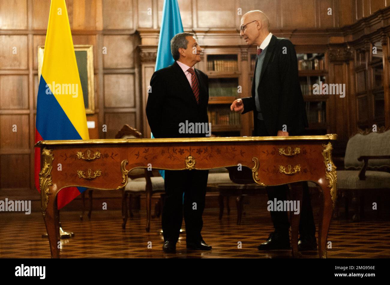 United Nations High Commissioner for Human Rights Volker Turk (left) and Jose Antonio Salazar, foregein affairs designated minister (right) during a press conference in Bogota, Colombia, on January 25, 2022. Photo by: Chepa Beltran/Long Visual Press Stock Photo