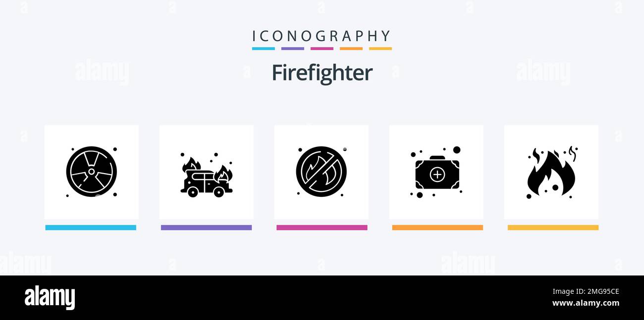 Firefighter Glyph 5 Icon Pack Including . fire. fire. danger. add. Creative Icons Design Stock Vector
