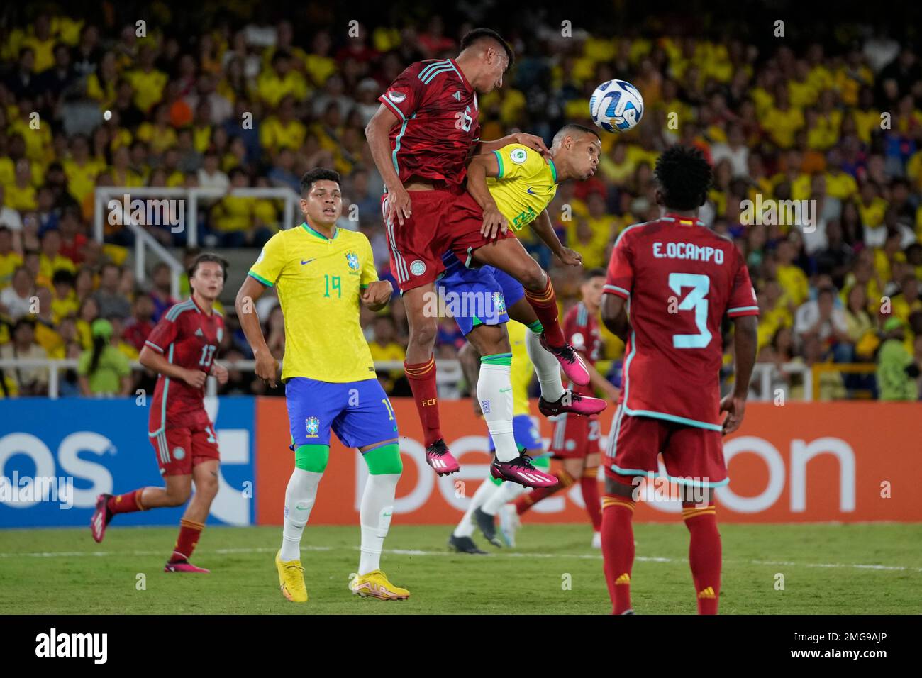 Colombia's Kevin Mantilla, top left, and Brazil's Pedrinho, top right