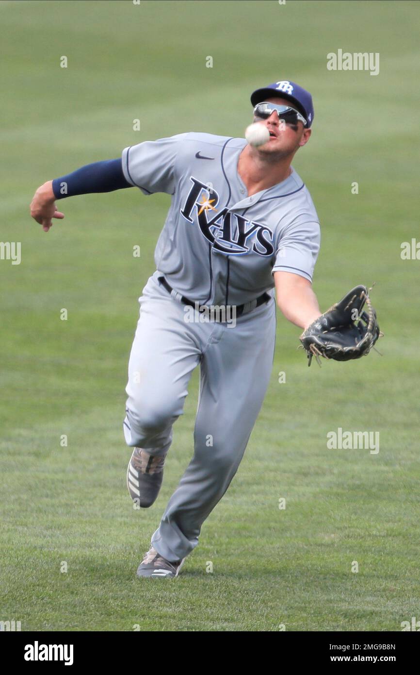 Tampa Bay Rays right fielder Hunter Renfroe makes a catch on a ball hit ...