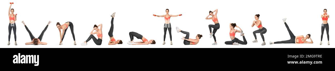 Set of sporty woman training on white background Stock Photo - Alamy