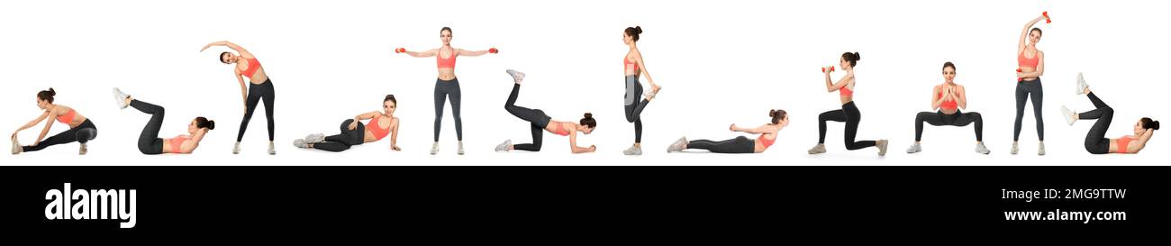 Set of sporty woman training on white background Stock Photo - Alamy