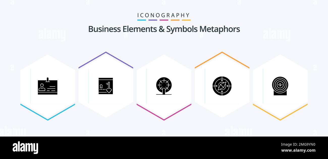 Business Elements And Symbols Metaphors 25 Glyph icon pack including money. location. wheel. compass. navigation Stock Vector