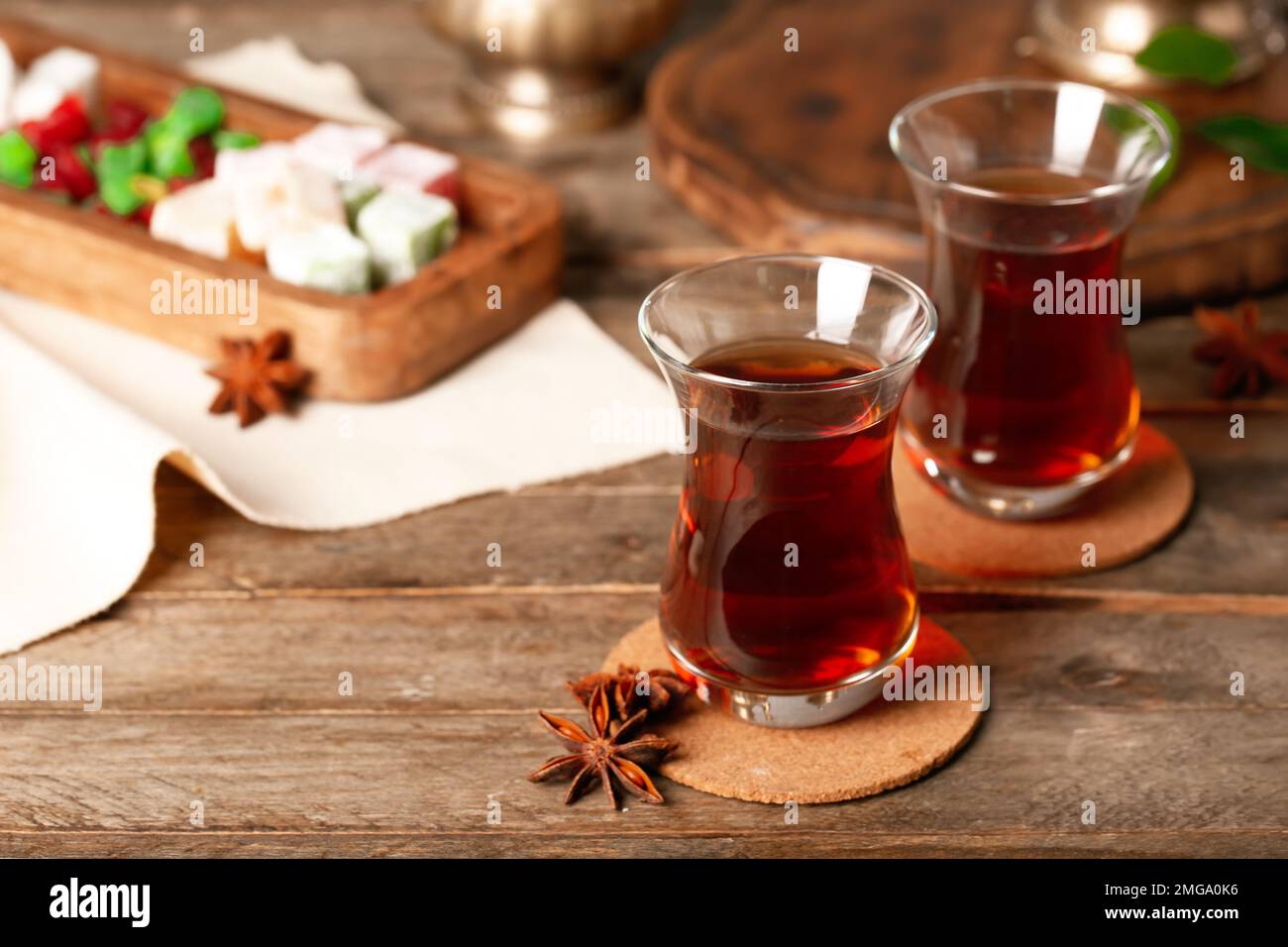 Cups of Turkish tea on wooden background Stock Photo