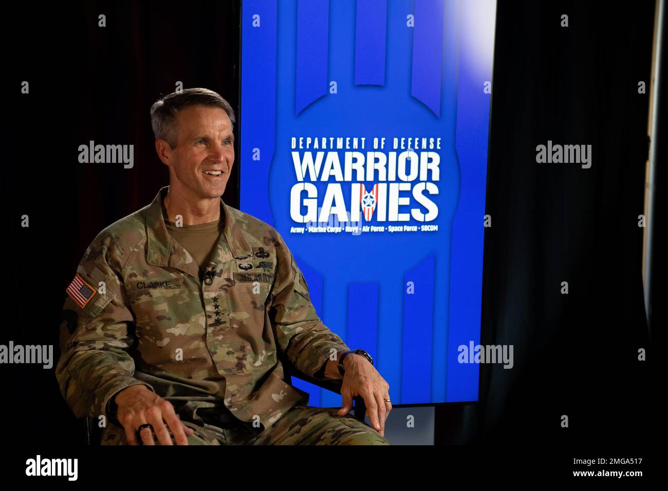 U.S. Army General Richard Clarke, commander, United States Special Operations Command (SOCOM) is interviewed during the DoD Warrior Games on Aug. 23, 2022 at the ESPN Wide World of Sports Complex in Orlando, Florida. General Clarke is making his last visit as SOCOM commander to the DoD Warrior Games to show his support for Team SOCOM and all participants in the games before he relinquishes command on Aug. 30, 2022. (Photo by U.S. Marine Corps Gunnery Sgt. Eric L. Alabiso II) Stock Photo