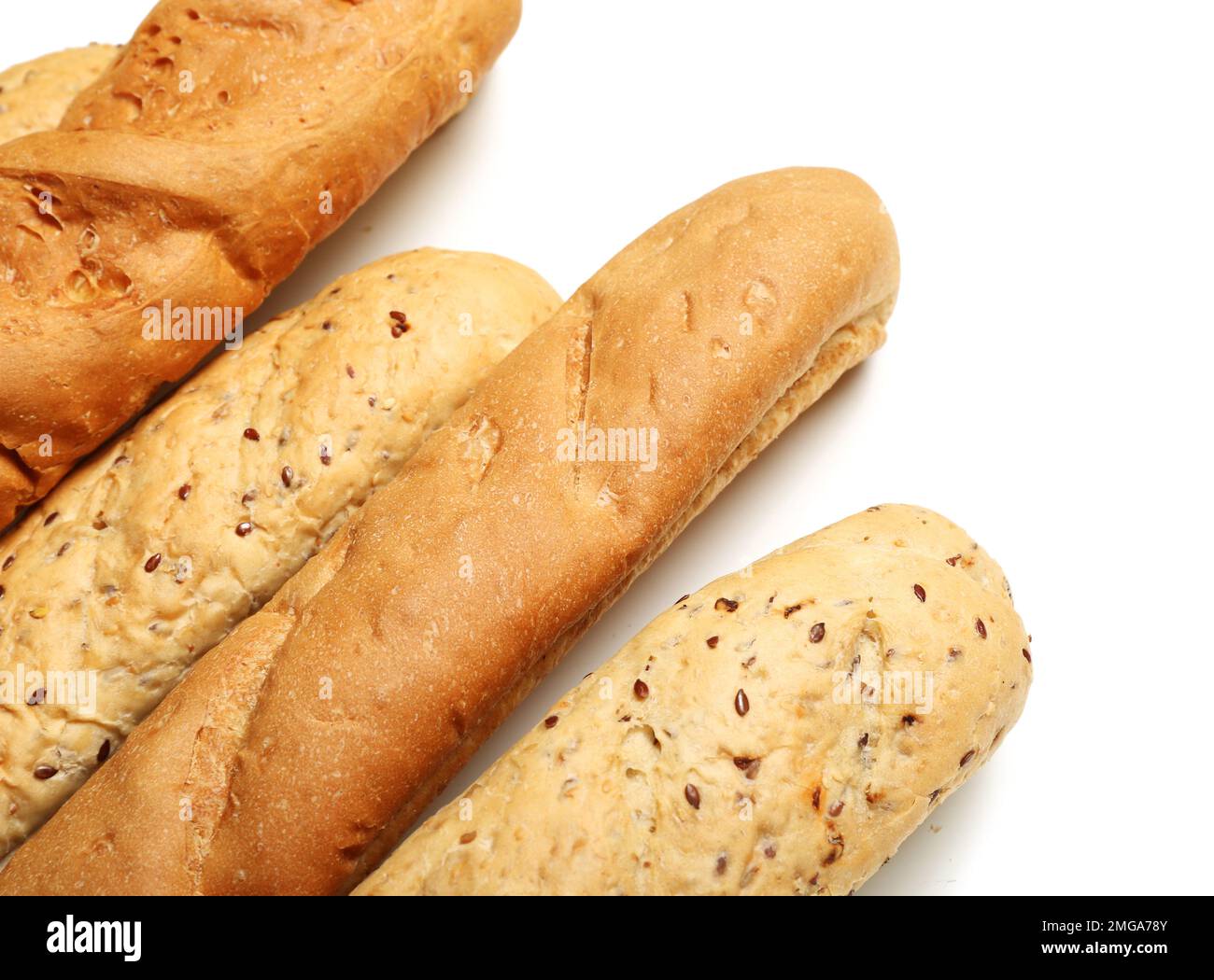 Loaves of delicious baguette isolated on white background Stock Photo ...