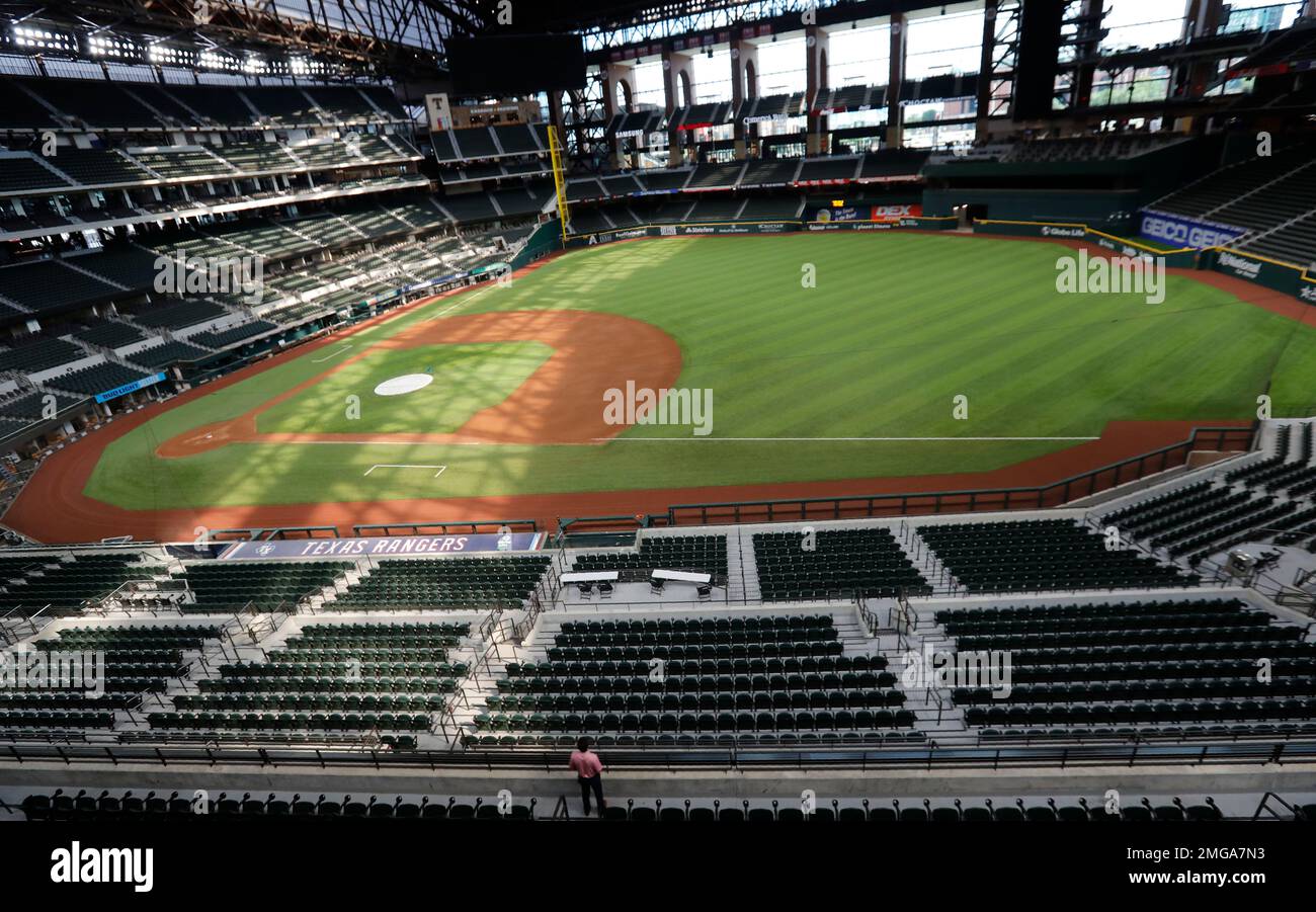 In this photo made Thursday, July 23, 2020, a view from the stands is seen during a tour of the