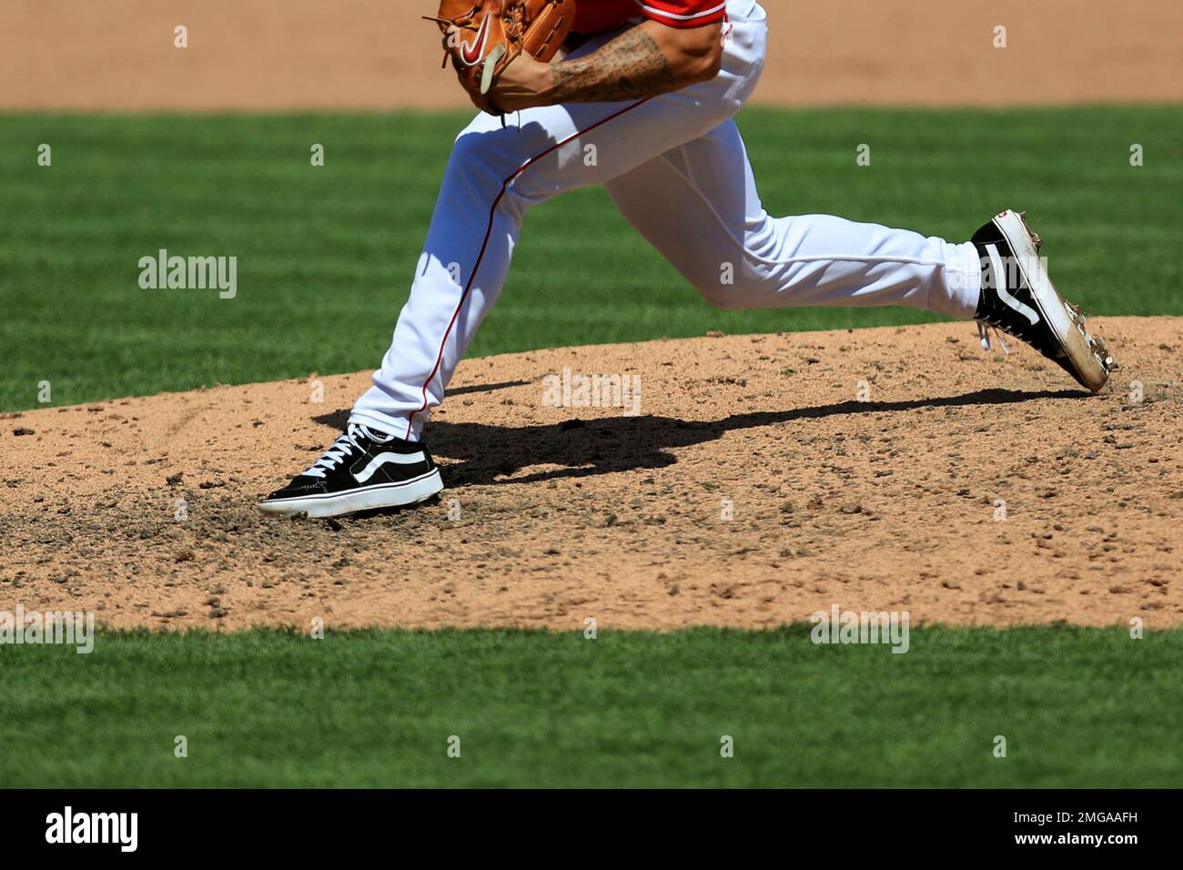 A view of the custom Vans cleats worn by Cincinnati Reds' Michael Lorenzen  (21) during a baseball game against the Detroit Tigers at Great American  Ball Park in Cincinnati, Sunday, July 26,