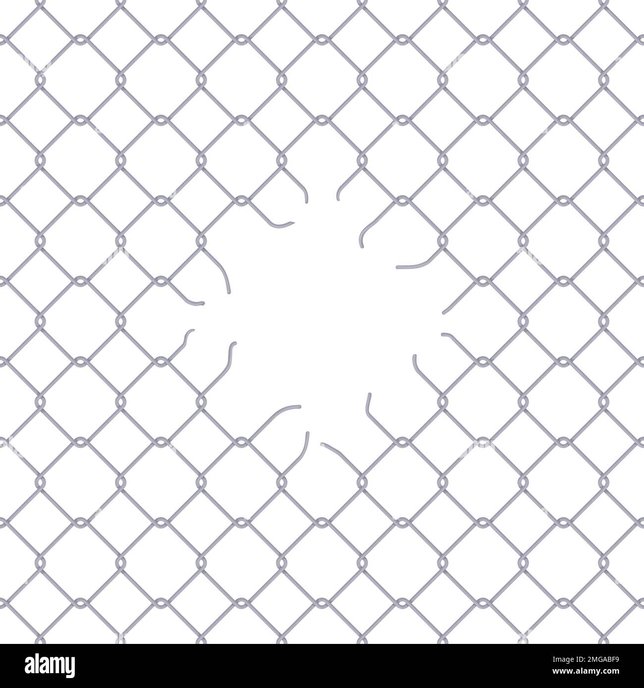 Broken grid fence. Ripped metal netting enclosures, break chain link net jail, cut hole in mesh fencing curved wire bars freedom border prison steel cage, neat vector illustration Stock Vector