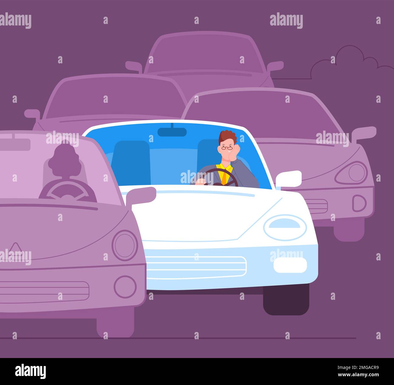 Driver traffic jam. Drivers wait in stuck car of city congestion, slow driving movement problems on highway or street lane crowded road chaos concept, splendid vector illustration of traffic road Stock Vector