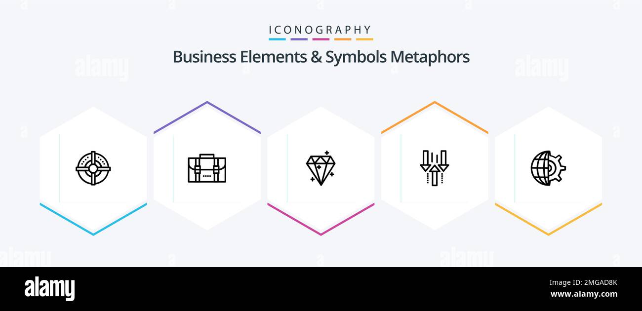 Business Elements And Symbols Metaphors 25 Line icon pack including gear. upload. diamound. up. arrow Stock Vector