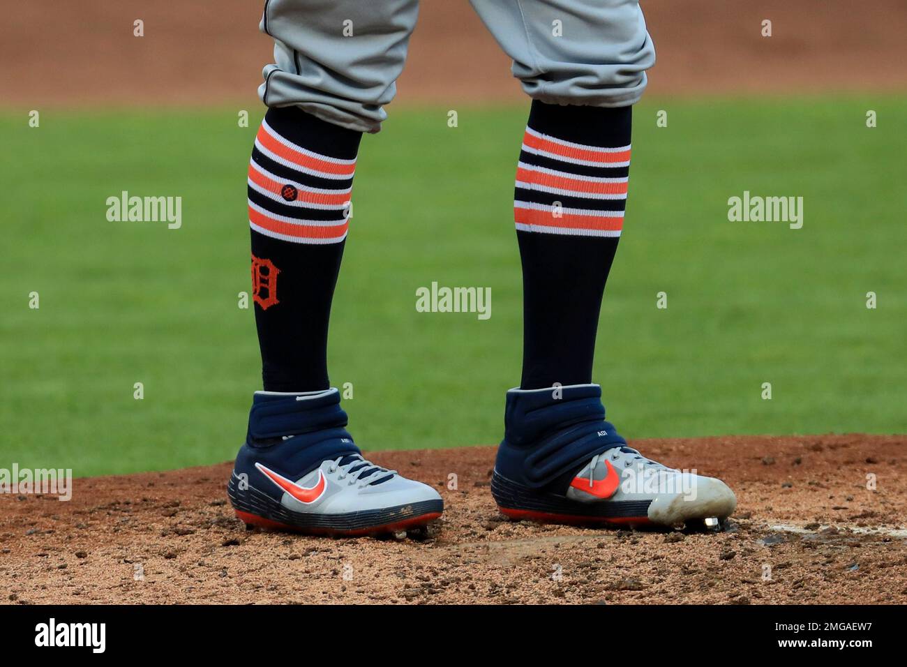 A view of the official Stance socks worn by Detroit Tigers' Matthew Boyd  (48) during a baseball game against the Cincinnati Reds at Great American  Ball Park in Cincinnati, Friday, July 24
