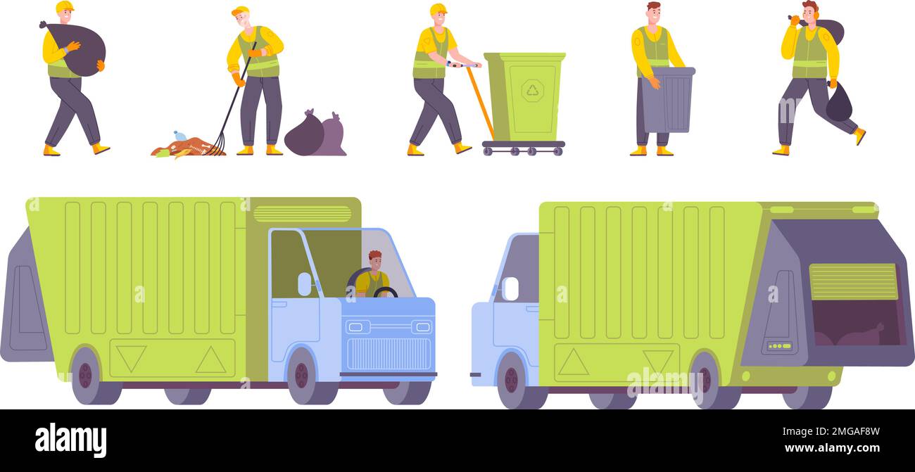 Garbage service workers. Rubbish management employee and waste truck
