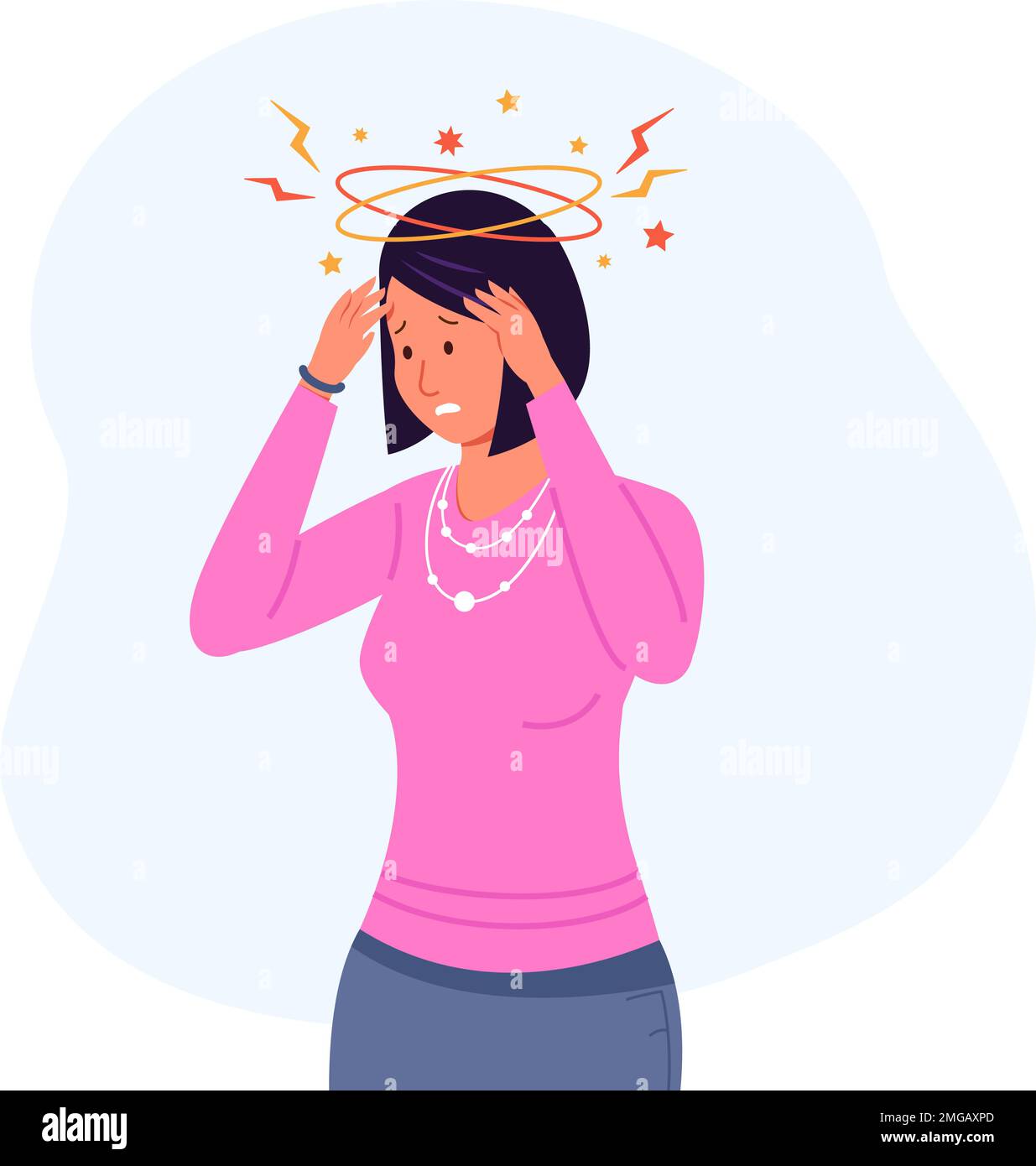 Female vertigo. Tired woman with dizzy vomiting headache, hangover